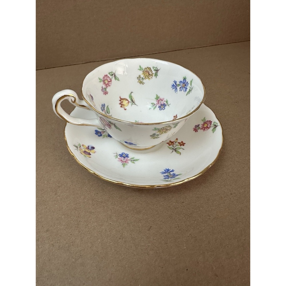 Vintage Royal Chelsea Bone China Teacup Saucer Multi Floral Sprigs 4184A England